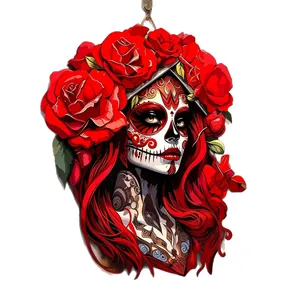 Decorative Halloween wooden hanging sign featuring a Sugar Skull girl with vibrant red roses
