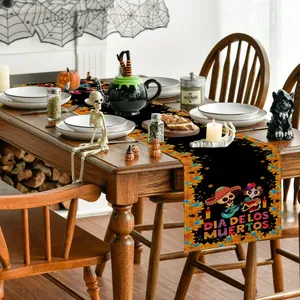 Day of the Dead table runner set with sugar skull design for festive dining decor