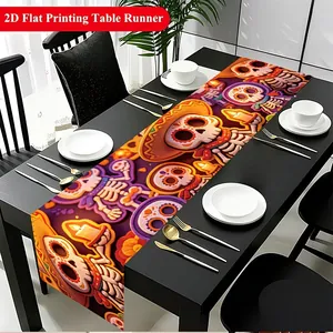 Detailed view of Mexican Day of the Dead sugar skull table runner on black table