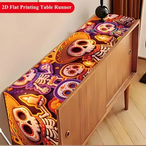 Detailed view of Mexican Day of the Dead table runner with sugar skull floral print