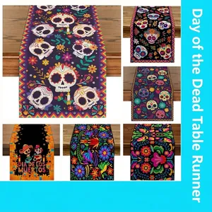 Mexican Day of the Dead Table Runner Sugar Skull Floral Print Polyester Tablecloth For Halloween Party Kitchen Dining Decor