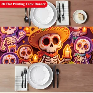 Top view of a Mexican Day of the Dead themed table runner with colorful skull patterns