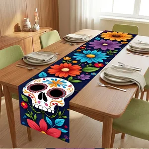 Close-up of Mexican Day of the Dead table runner with sugar skull and floral design