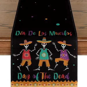 Detailed view of Day of the Dead table runner with colorful dancing skeleton print