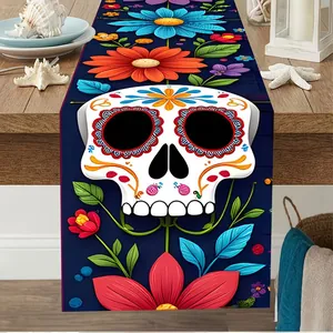 Vibrant Mexican sugar skull and floral pattern detail on a festive Day of the Dead table runner
