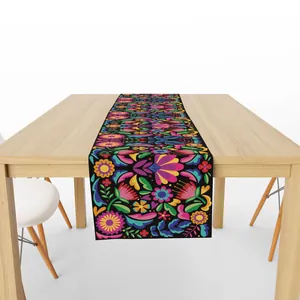 Vibrant Mexican fiesta floral pattern linen table runner for festive dining table decor