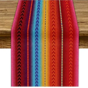 Close-up of vibrant Mexican bohemian style table runner with colorful stripes