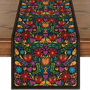 Detail of Day of the Dead table runner with colorful Mexican folk floral and bird patterns