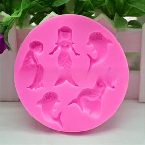 Roze ronde siliconen vorm met zeemeermin- en dolfijnmotieven voor taartdecoratie