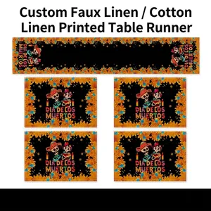 Linen Day Of The Dead Halloween Table Runner And Placemats Set Skull Floral Pattern Kitchen Dining Room Party Decoration Home Decor