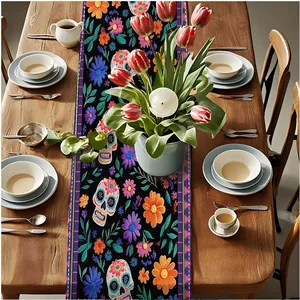 Mexican Day of the Dead table runner with colorful sugar skull and floral pattern