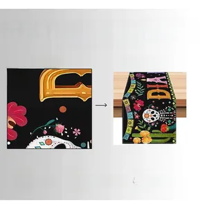 Close-up detail showing digital printing on Mexico Day of the Dead linen table runner