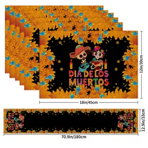 Dia de los Muertos table runner and placemats set featuring festive skull design