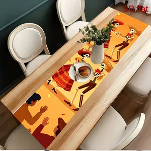 Vibrant Mexican Day of the Dead table runner with skeletal dancers on a dining table