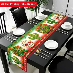 Mexican Day of the Dead table runner with vibrant sugar skull and cactus prints.