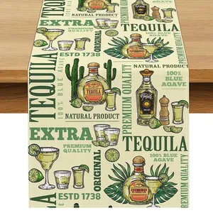 Detailed view of Mexican Bohemian linen table runner featuring vintage Tequila print