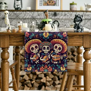 Chemin de table mexicain Jour des Morts avec squelettes mariachis et motifs floraux