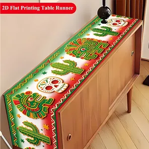 Detail showing Mexican Day of the Dead table runner with skull and cactus print