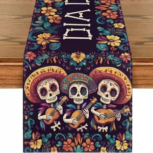 Detail view of linen table runner with Mexican Day of the Dead skeleton print