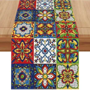 Vibrant Mexican Talavera tile pattern table runner with colorful floral designs
