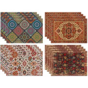 Vista macro dettagliata che mostra quattro diversi modelli di tovagliette in lino boho
