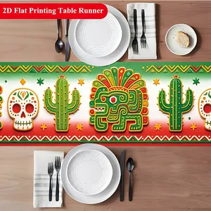 Mexican Day of the Dead table runner with sugar skull and cactus 2D flat print design.