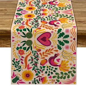 Detailed texture of Mexican Bohemian linen table runner with vibrant floral patterns