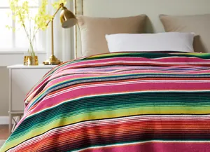 Close-up of vibrant Mexican serape table runner with traditional colorful stripes.