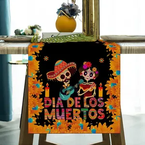 Detail view of Dia De Los Muertos table runner with skeleton guitarists and sunflowers.