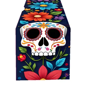 Vibrant Mexican Day of the Dead table runner featuring colorful sugar skulls and flowers