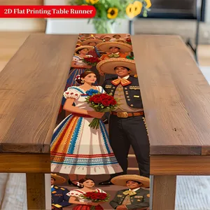 Close-up of Mexican Day of the Dead table runner featuring traditional Mariachi illustrations.