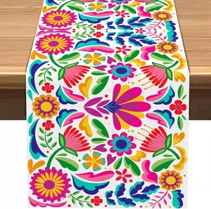 Vibrant colorful Mexican Otomi style floral table runner made of premium linen fabric