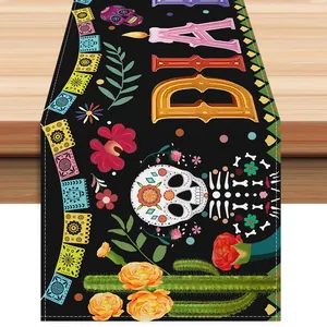 Mexican Day Of The Dead Linen Table Runner Colorful Sugar Skull Marigold Pattern For Festival Party Dining Table Decor