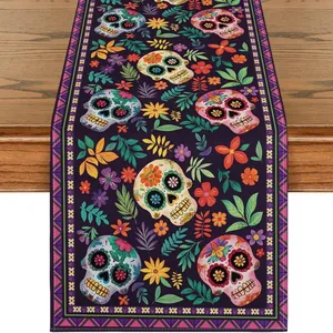 Detailed view of Day of the Dead table runner with sugar skull and floral prints