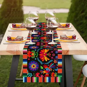 Colorful Mexican Day of the Dead table runner with floral bird prints for festive decor
