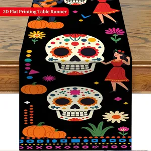 Día de los Muertos table runner featuring vibrant skull prints on a rustic wooden table