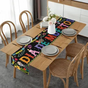 Mexican Day of the Dead linen table runner with colorful sugar skull and floral design