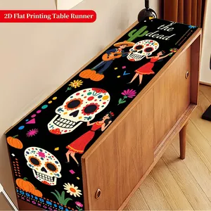 Festive Mexican Day of the Dead table runner featuring sugar skulls on a wooden cabinet