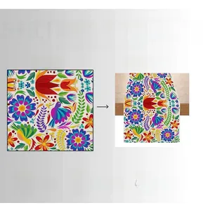 Mexican style linen table runner with vibrant colorful floral and bird digital print detail