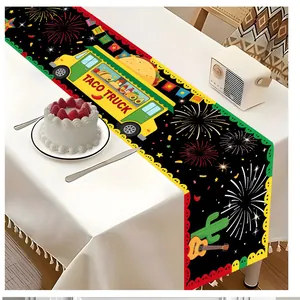 Mexicaanse party tafelloper met een levendig ontwerp van een taco truck en vuurwerk