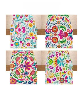 Detailed view of four colorful floral pattern variations for a Mexican-style table runner