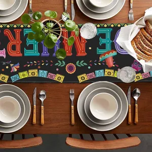 Vibrant Mexican Day of the Dead linen table runner with festive patterns for party decor