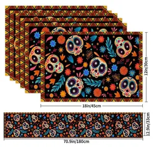 Dimensions of Mexican Sugar Skull floral linen table runner and matching placemats set