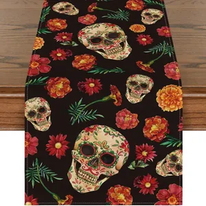 Detail of Day of the Dead table runner with vibrant sugar skull and floral pattern