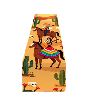 Mexican Day of the Dead themed table runner with vibrant desert and musician print
