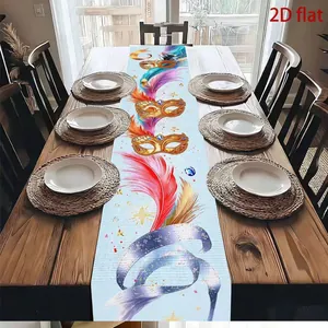 Mexicaanse feesttafelloper met levendige masker- en vederprint op een houten tafel