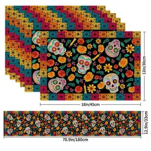 Mexican Dia de los Muertos sugar skull linen table runner and placemat set with dimensions