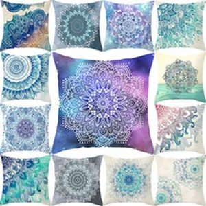 Set di federe per cuscini in lino con motivo mandala blu e viola per arredo boho