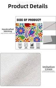 Detailed view of Mexican style linen-like table runner with colorful floral print and fringes.