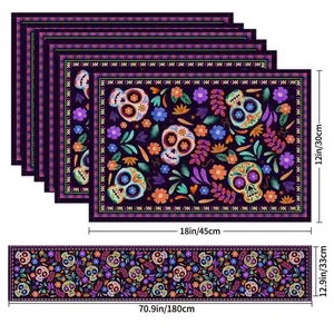Detailed dimensions for Mexican sugar skull floral table runner and placemats set